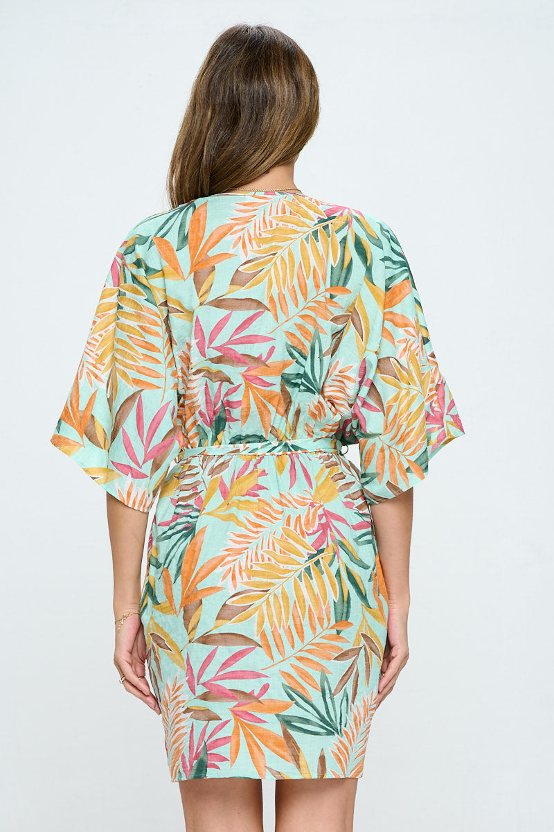 TROPICAL PRINT KIMONO STYLE DRESS WITH TIE