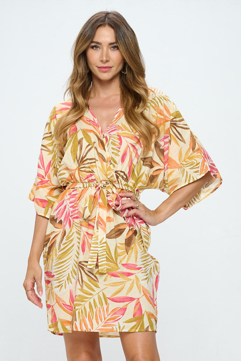 TROPICAL PRINT KIMONO STYLE DRESS WITH TIE
